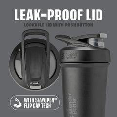 BlenderBottle Strada Sleek detalle de la tapa con cierre abatible y bloqueo seguro