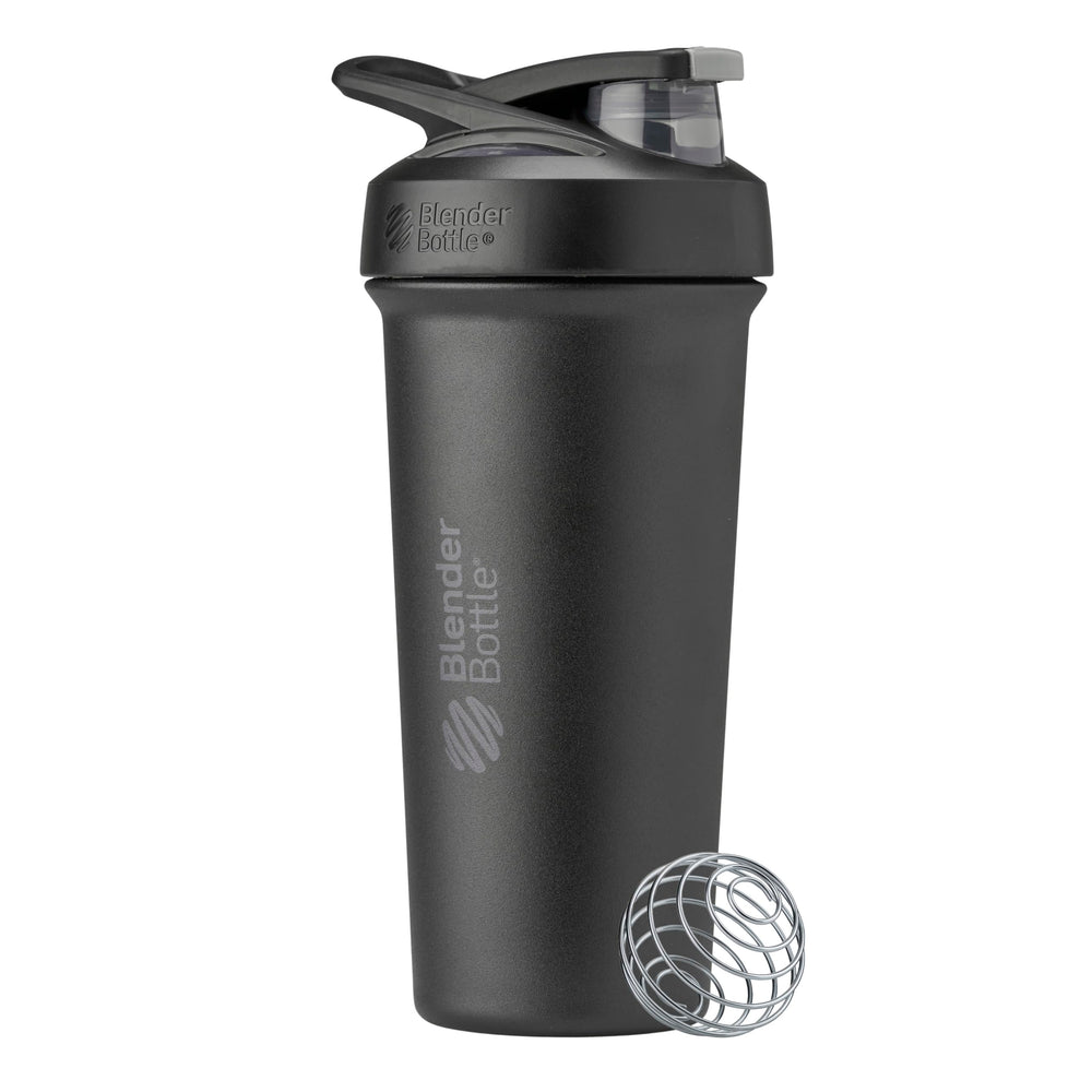 BlenderBottle Strada Sleek vista frontal en negro, diseño ergonómico y elegante