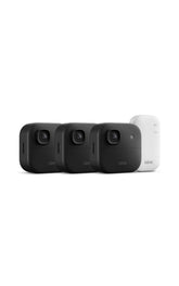 Blink frontal del kit de tres cámaras mostrando diseño y beneficio de cobertura ampliada