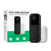 Blink timbre frontal en negro mostrando la cámara y el botón, seguridad visible
