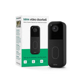 Blink video doorbell vista frontal instalada con detalle de lente y beneficio de detección clara