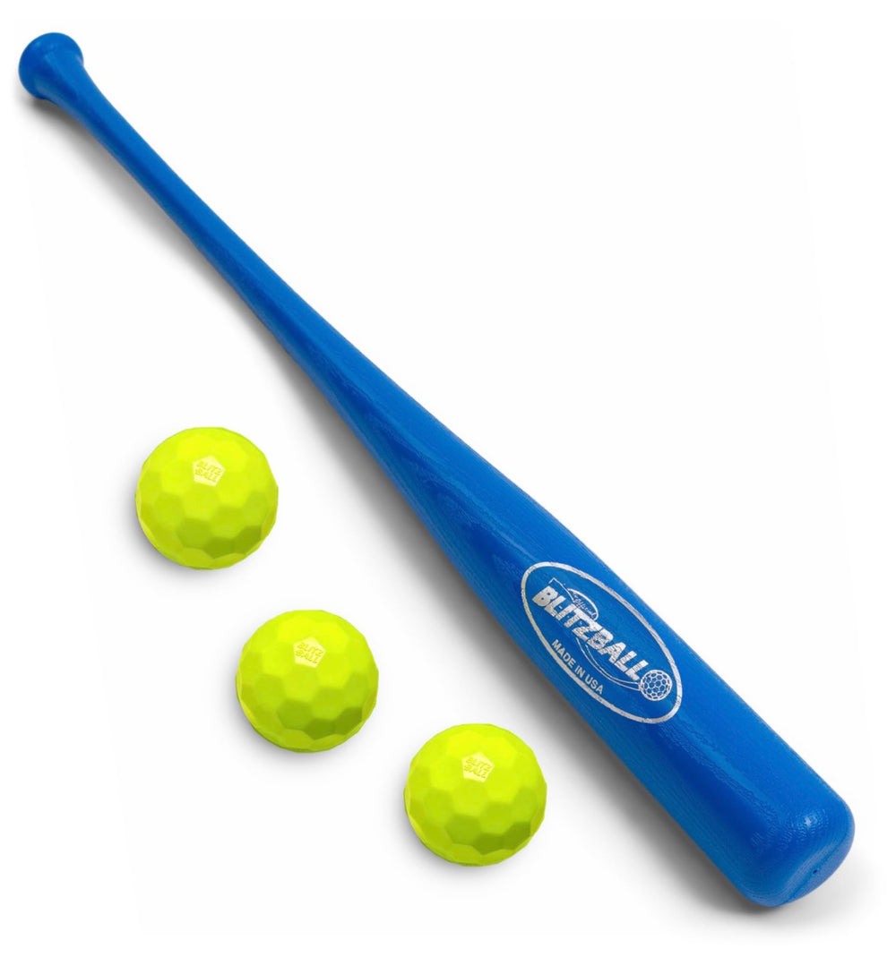BLITZBALL paquete frontal mostrando pelotas y Power Bat para más distancia