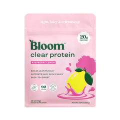 Bloom Nutrition frasco frontal del Clear Whey Frambuesa-Limonada mostrando diseño y porciones