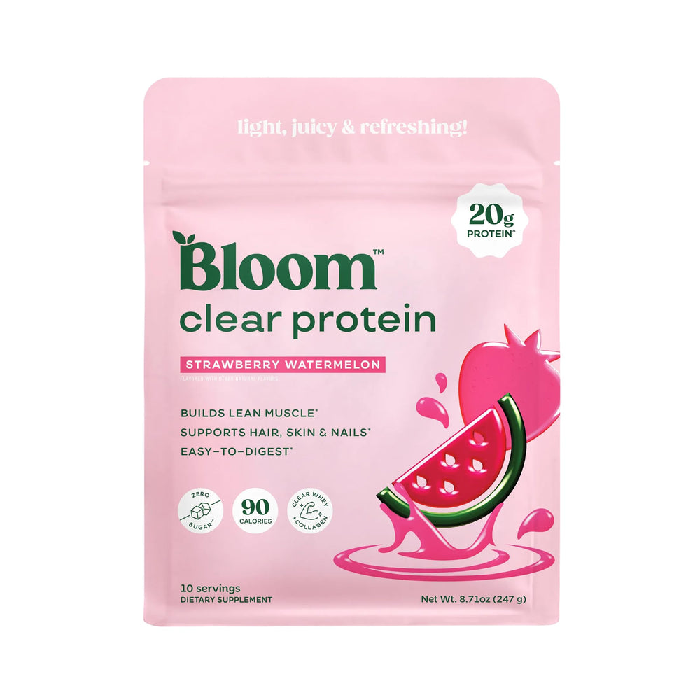 Bloom Nutrition envase frontal mostrando sabor Fresa Sandía y diseño atractivo