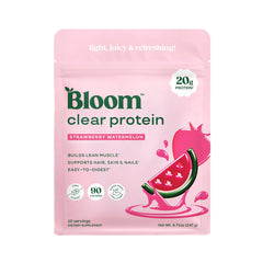 Bloom Nutrition envase frontal mostrando sabor Fresa Sandía y diseño atractivo