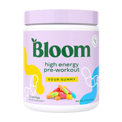 Bloom Nutrition bote frontal con sabor Sour Gummy, muestra diseño y cantidad