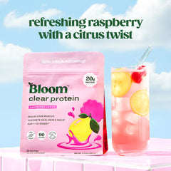 Bloom Nutrition textura del polvo morado claro destacando disolución sin grumos