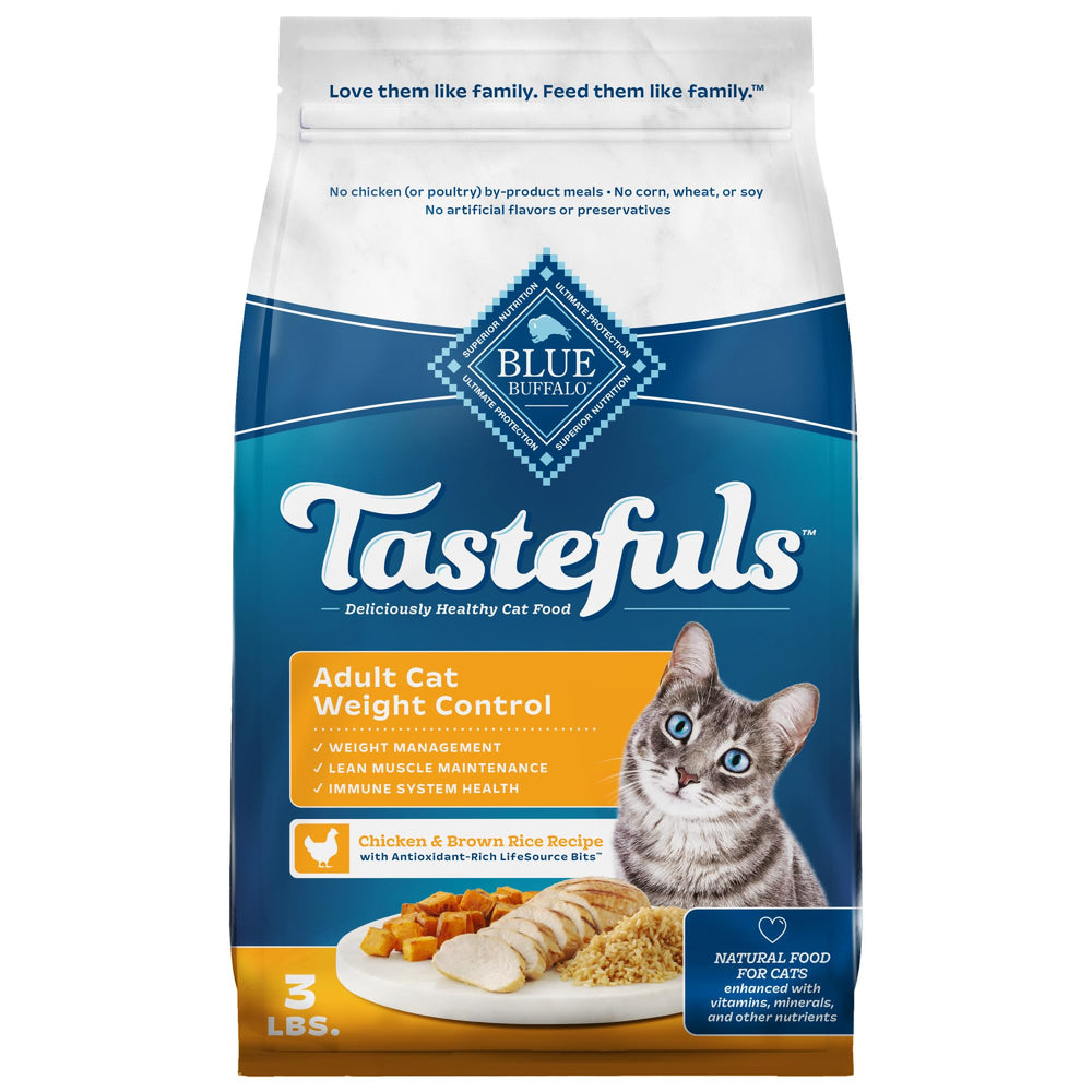 Blue Buffalo empaque frontal 3 lb que muestra receta Weight Control y pollo real