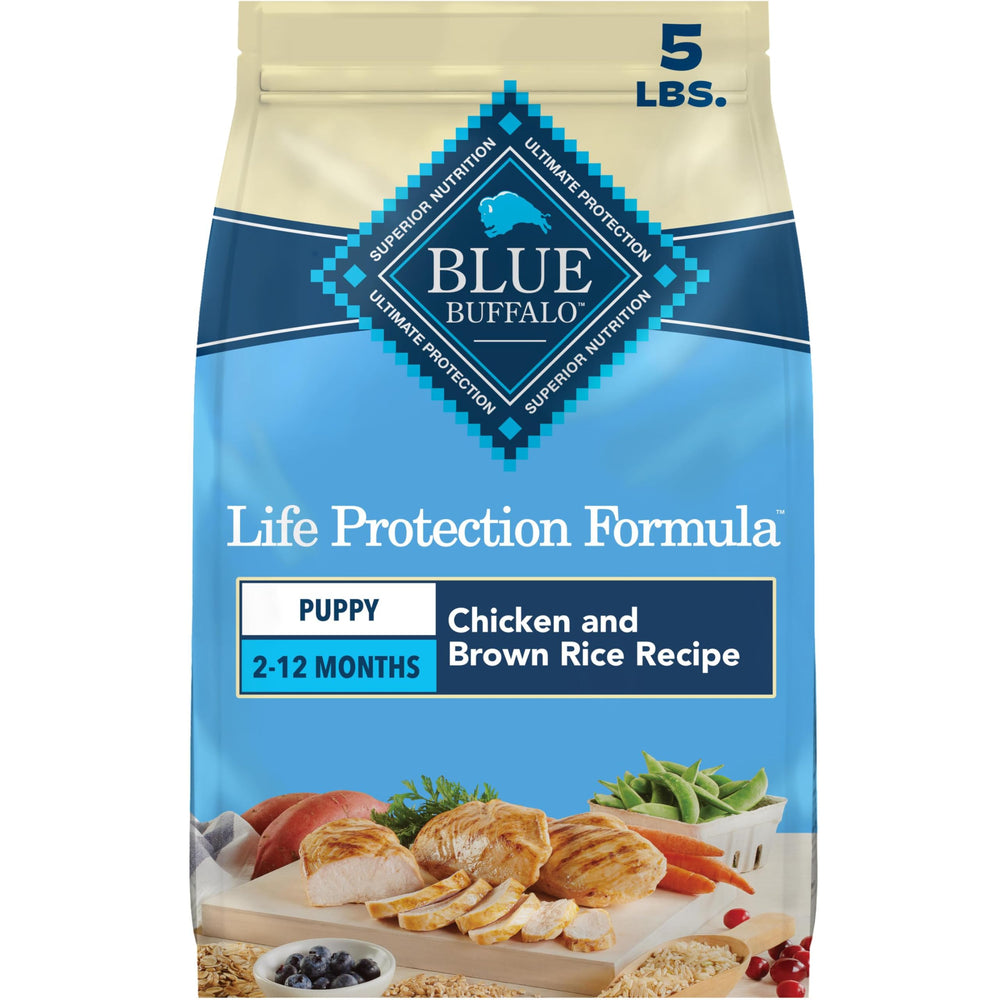 Blue Buffalo empaque frontal puppy 5 lb mostrando receta y beneficios