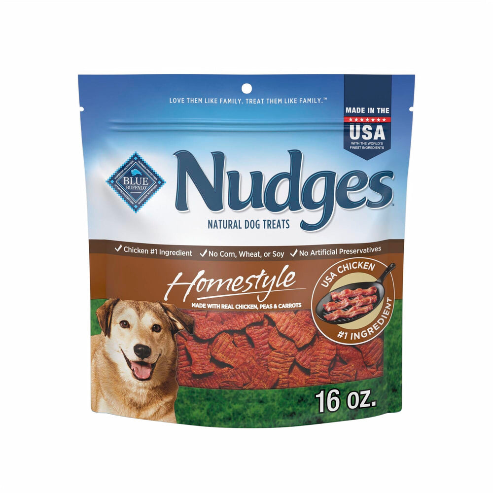 Blue Buffalo paquete frontal de Nudges Chicken & Bacon mostrando tamaño y diseño