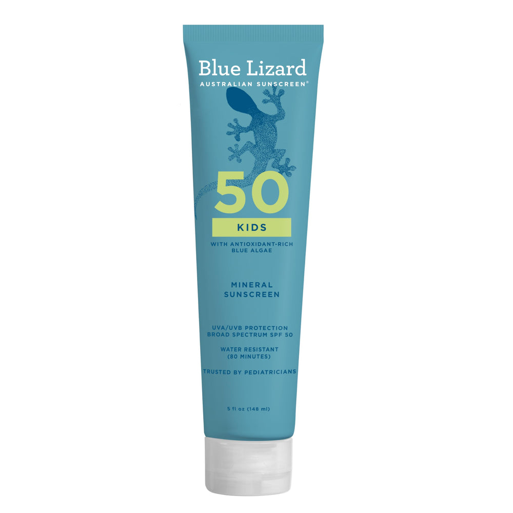 Blue Lizard envase frontal SPF 50 mostrando el diseño y protección infantil
