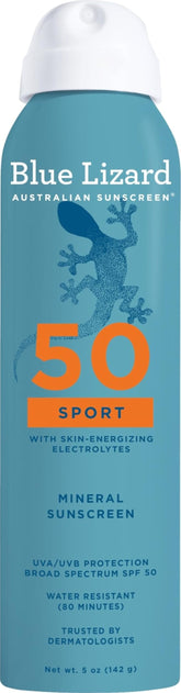 BLUE LIZARD envase frontal en spray mostrando SPF 50+ y uso deportivo
