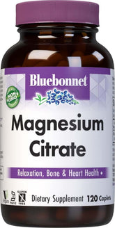 BlueBonnet envase frontal de Magnesium Citrate 400 mg, muestra el producto y beneficios