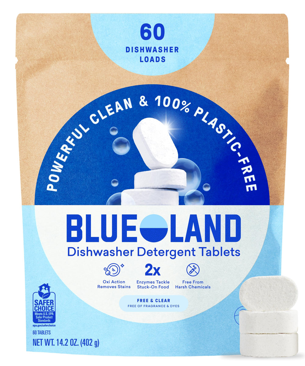BLUELAND paquete frontal mostrando 60 tabletas y beneficio sostenible