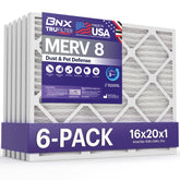 BNX filtro TruFilter frontal del paquete mostrando seis unidades y almacenamiento