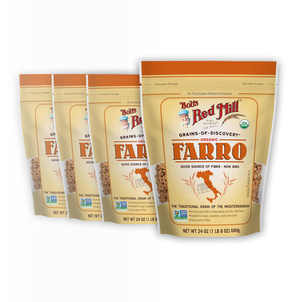 Bob's Red Mill empaque frontal de farro orgánico mostrando tamaño y marca
