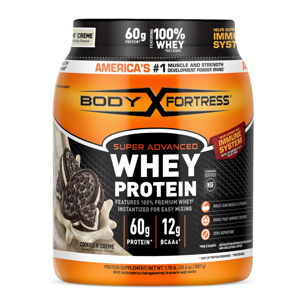 Body Fortress envase frontal Cookies N’ Crème muestra beneficio de proteína alta