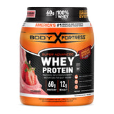Body Fortress envase frontal en sabor fresa mostrando tamaño y marca beneficios proteicos
