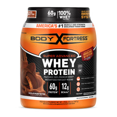 Body Fortress tarro frontal mostrando etiqueta y beneficio proteína alta