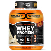 Body Fortress frente del tarro mostrando la marca y beneficio de proteína premium