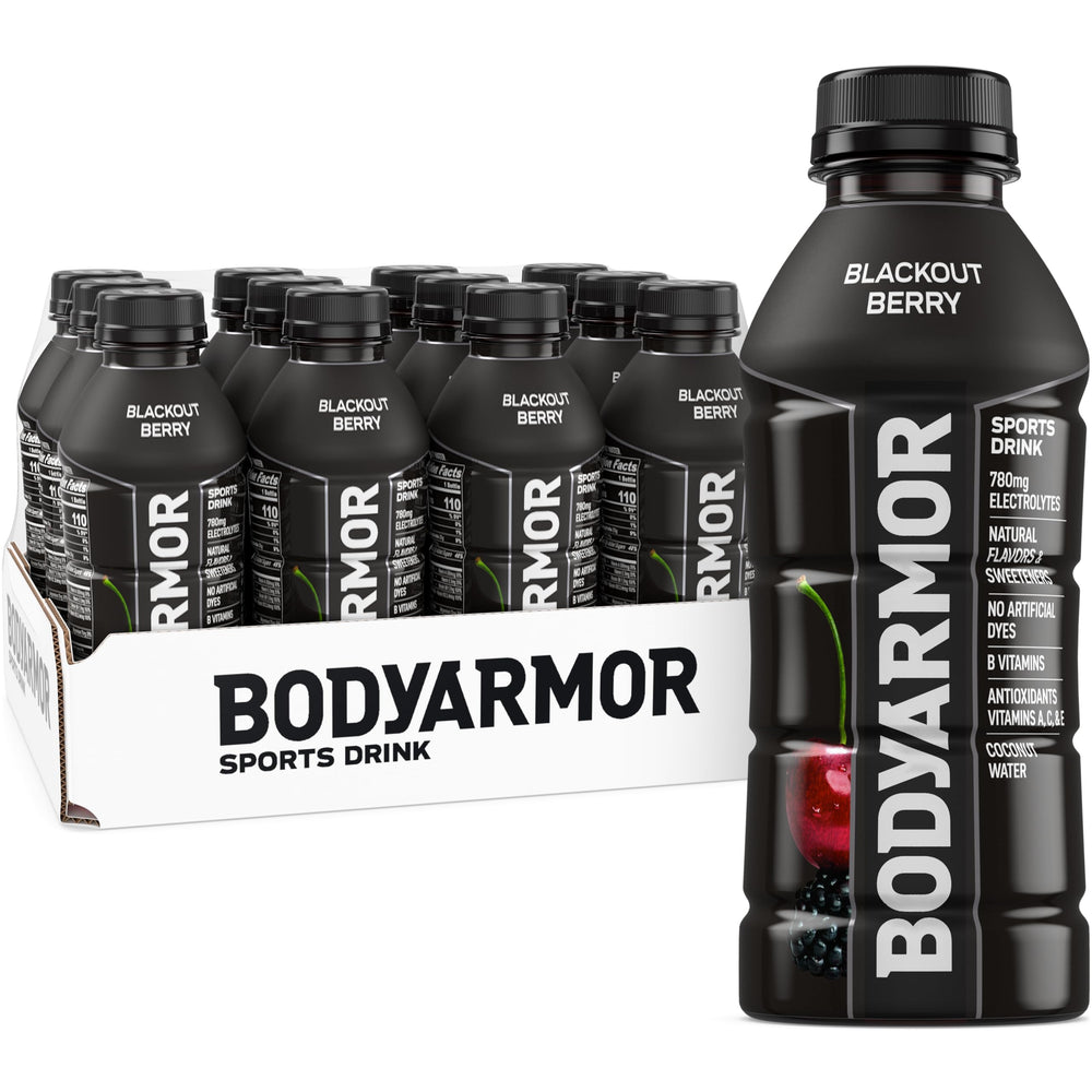 BODYARMOR Blackout Berry vista frontal y botella completa, hidratación natural