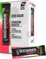 BODYARMOR frente del empaque mostrando 15 sobres y sabor fresa kiwi, fácil identificación