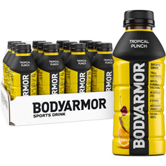 BODYARMOR botella frontal mostrando tropical punch y beneficios de hidratación