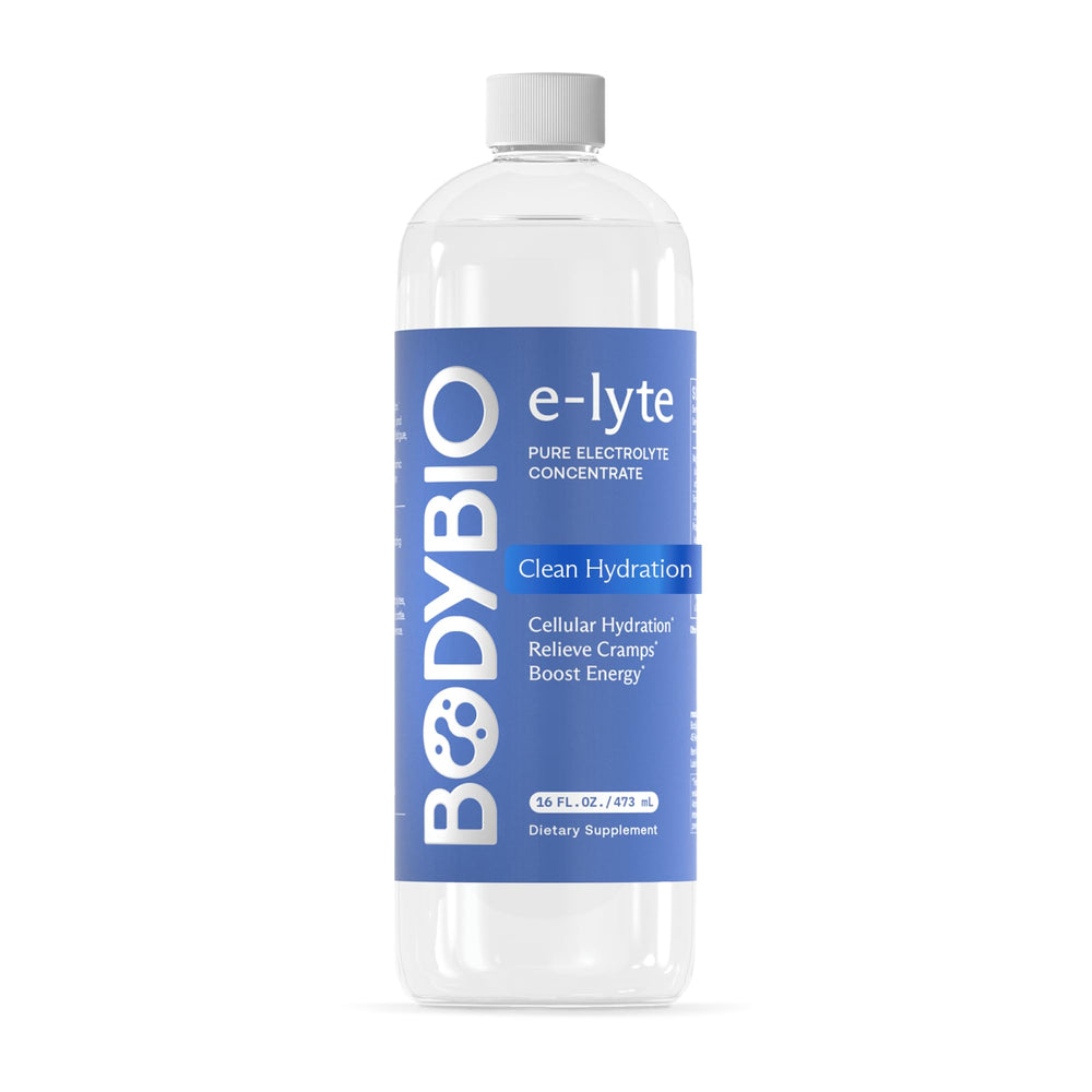 BodyBio e-Lyte envase frontal mostrando fórmula sin azúcar y uso práctico