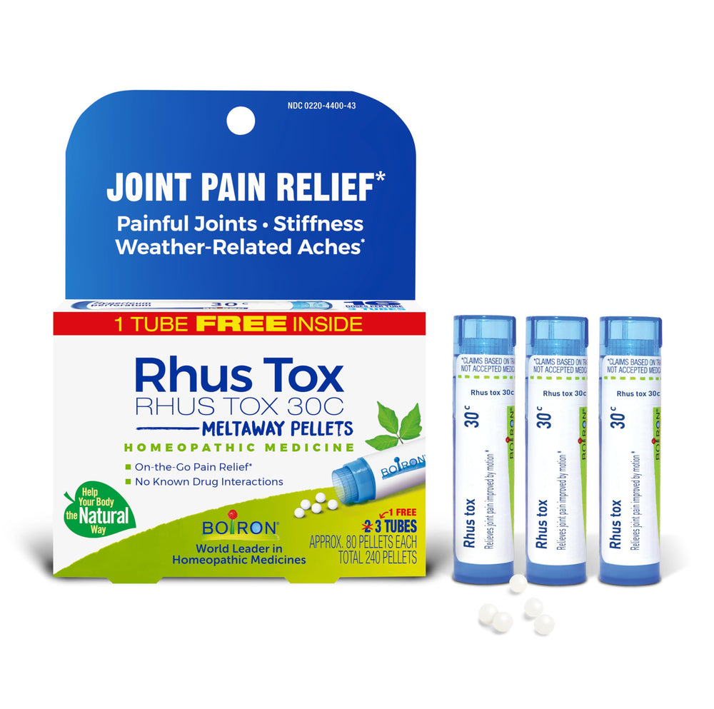 Boiron Rhus Tox 30C frente del envase mostrando presentación y beneficio portátil
