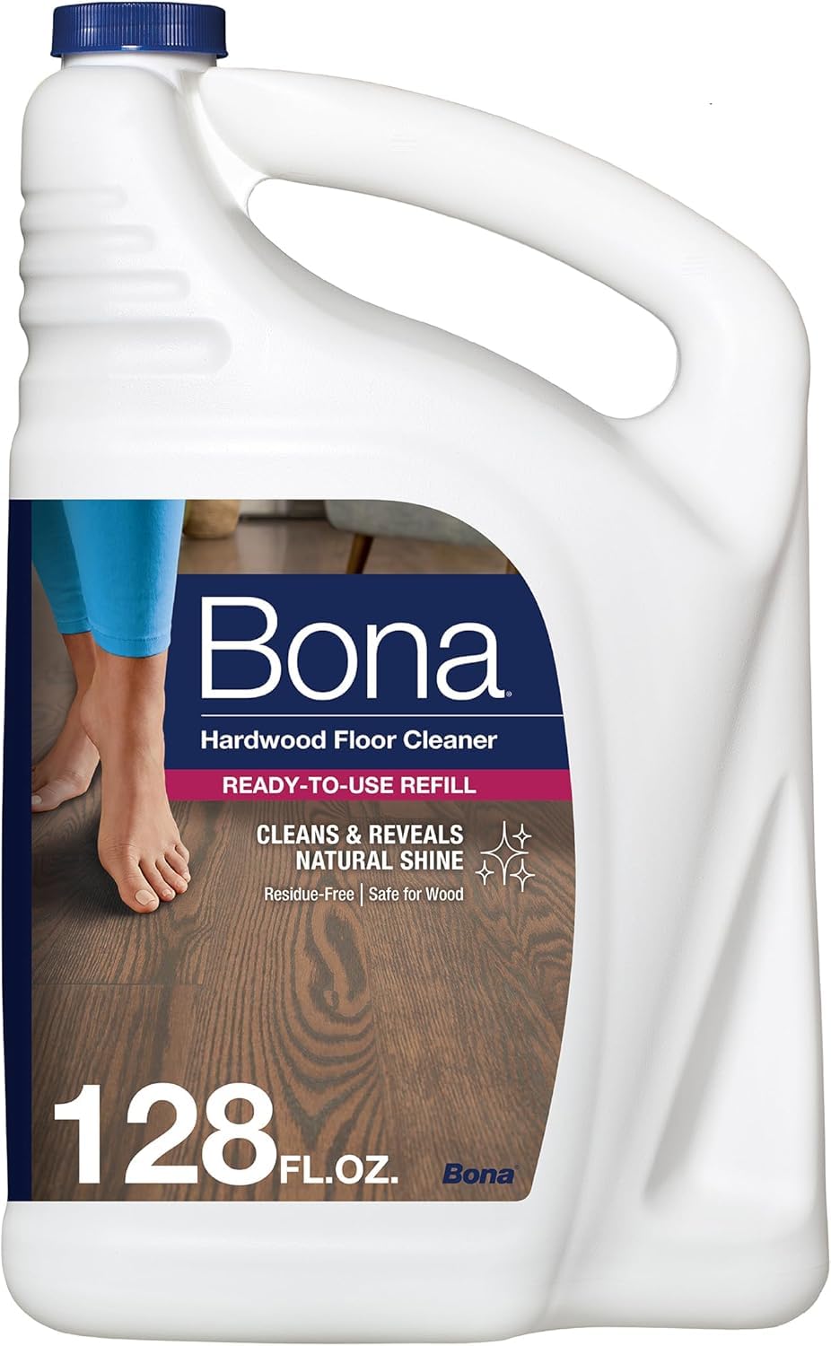 Bona recarga frontal 128 fl oz mostrando el envase y facilidad de uso