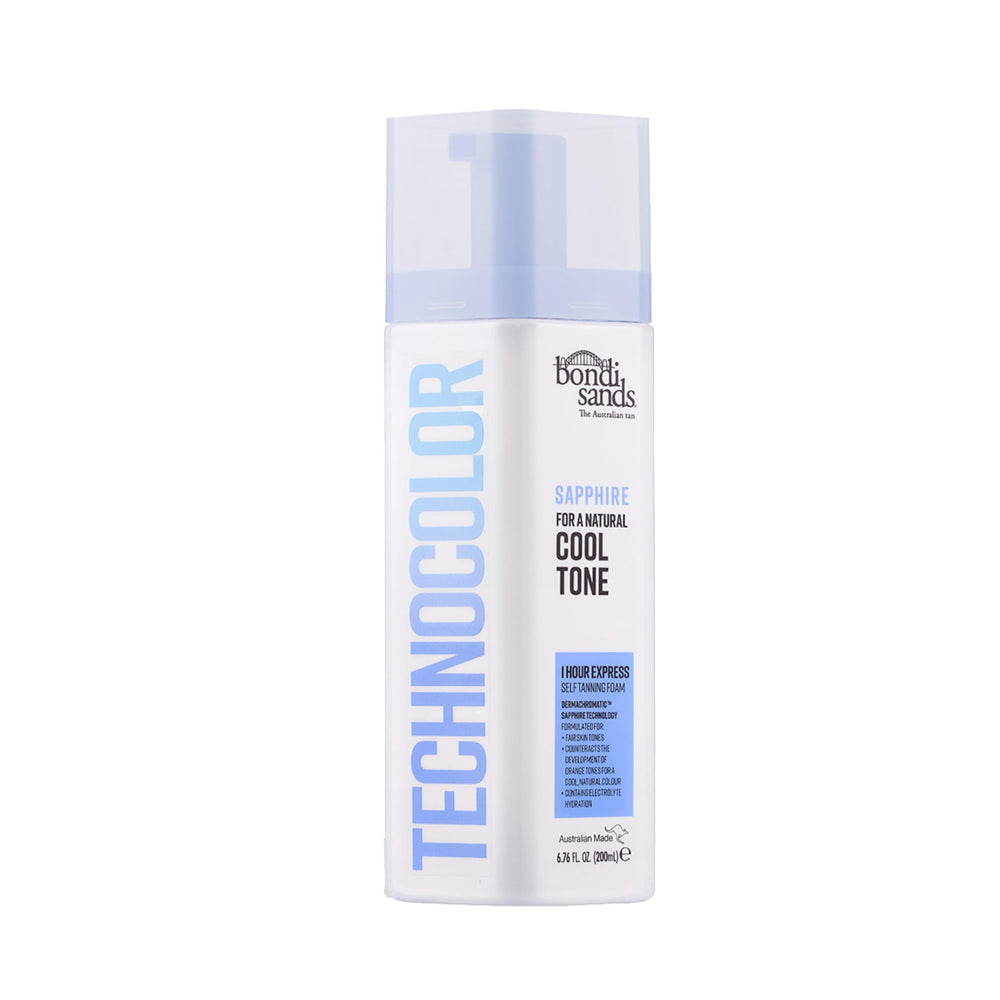 Bondi Sands envase frontal mostrando color azul‑gris y desarrollo rápido