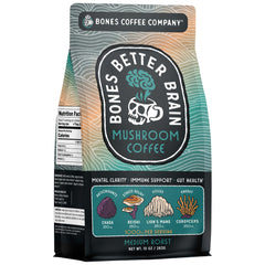 Bones Coffee paquete frontal mostrando 10 oz y mezcla de hongos, presentación clara