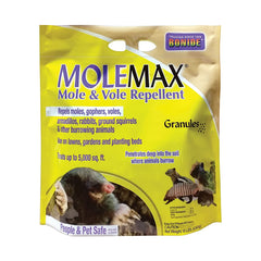 Bonide MOLEMAX embalaje frontal mostrando bolsa fácil de aplicar y cobertura amplia