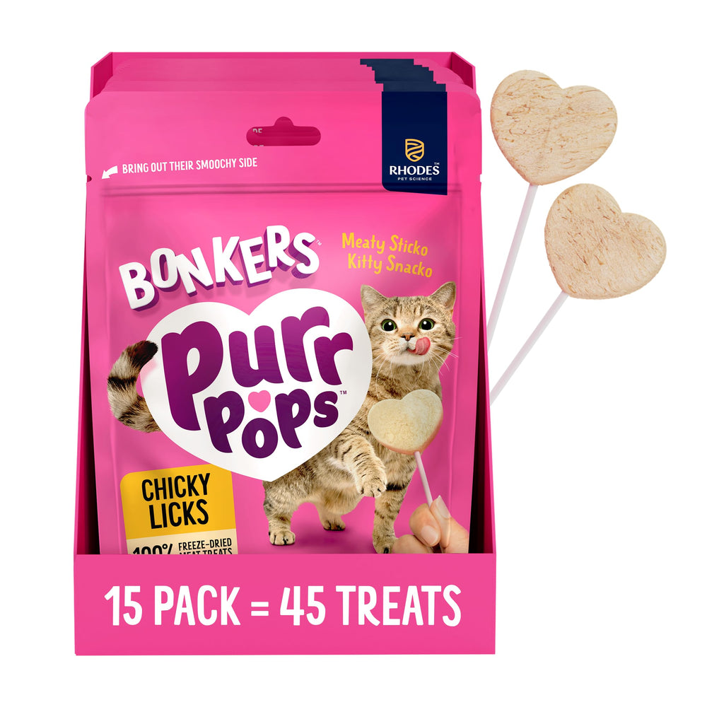 Bonkers Purrpops empaque frontal mostrando 15 paletas y beneficio de conveniencia