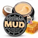 Bossman envase frontal MUD Mustache Wax mostrando fijación fuerte
