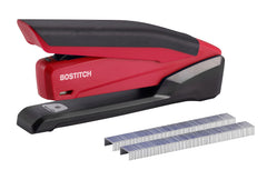 Bostitch Office vista frontal roja mostrando diseño metálico y elegante beneficio durabilidad