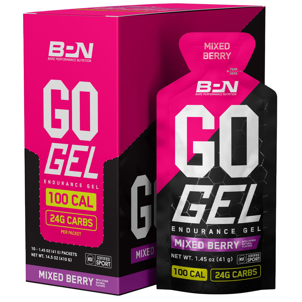 BARE PERFORMANCE NUTRITION frasco frontal del gel Mixed Berry mostrando la marca y el formato práctico