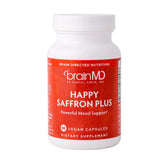 BrainMD frasco frontal mostrando Happy Saffron Plus y beneficios claros