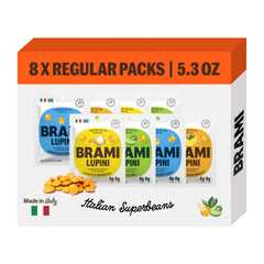 BRAMI pack variado frontal mostrando sabores y empaques, práctico para llevar