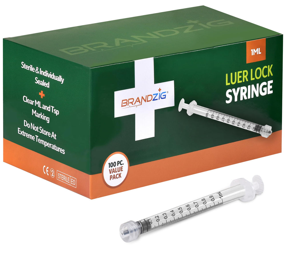 BRANDZIG jeringa 1mL vista frontal, empaque individual y graduaciones claras