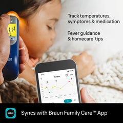 Braun ThermoScan 7+ en uso en oído infantil mostrando fácil toma