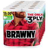 Brawny frente del paquete mostrando 12 XL Family Rolls y facilidad de almacenamiento