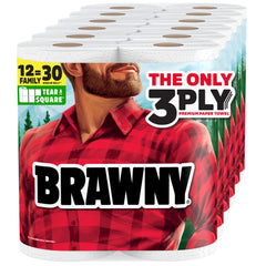 Brawny frente del paquete mostrando 12 XL Family Rolls y facilidad de almacenamiento