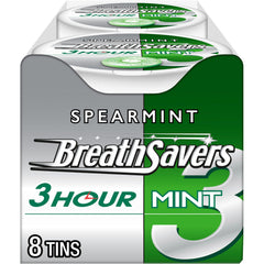 Breath Savers lata frontal mostrando diseño y tamaño práctico