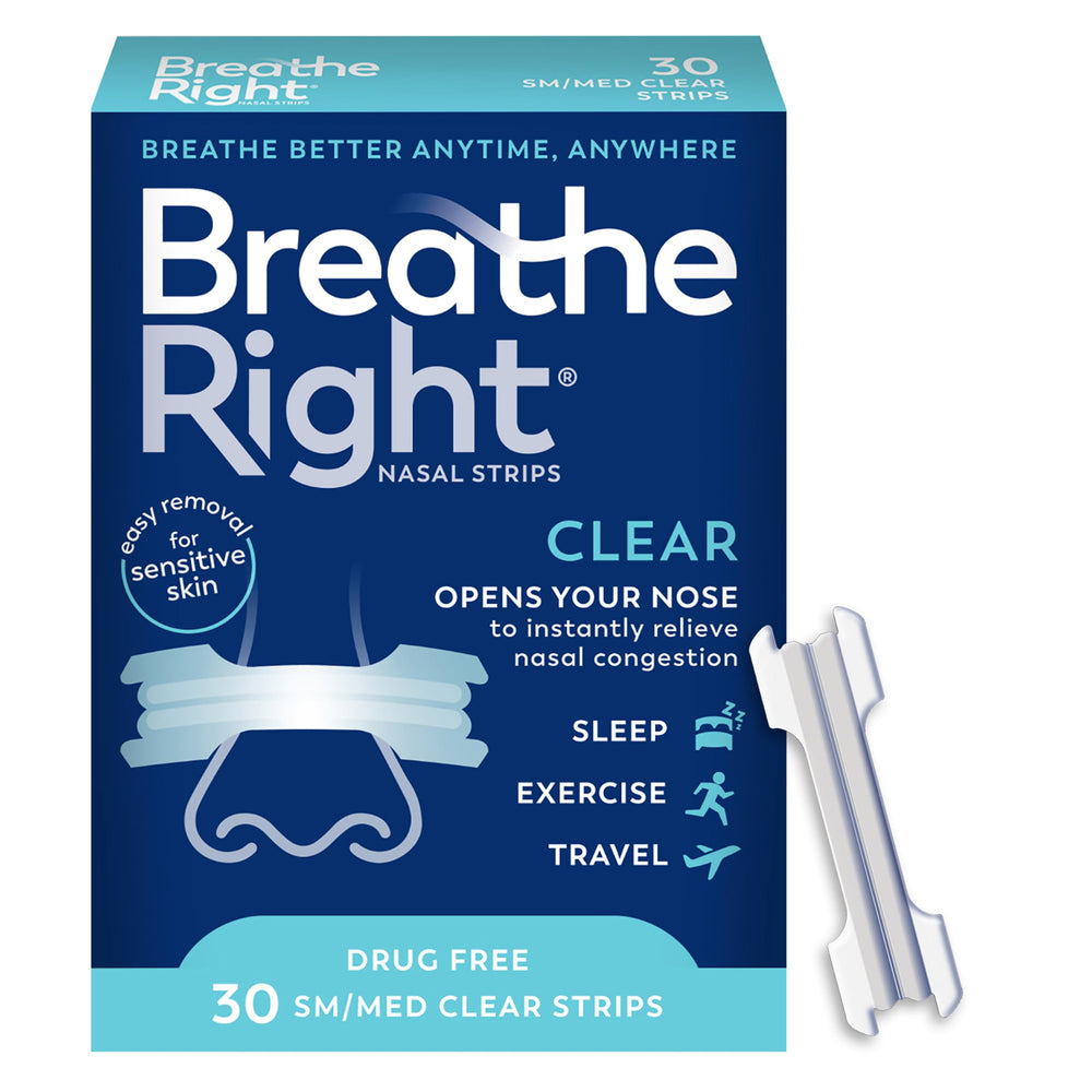 Breathe Right empaque frontal claro mostrando 30 tiras y beneficio respiración