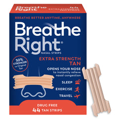 Breathe Right paquete frontal mostrando 44 tiras tan para alivio nasal inmediato