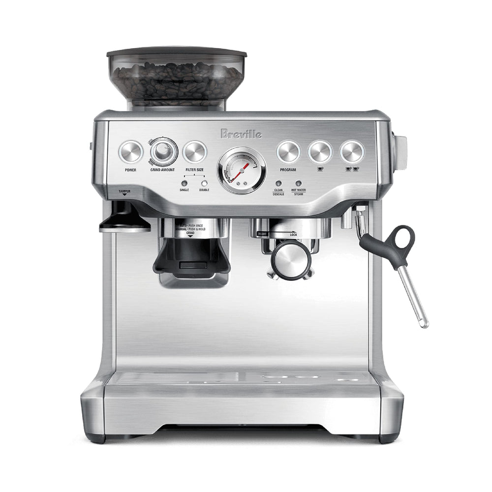 Breville Barista Express vista frontal elegante en acero, diseño profesional y duradero