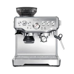Breville Barista Express vista frontal elegante en acero, diseño profesional y duradero