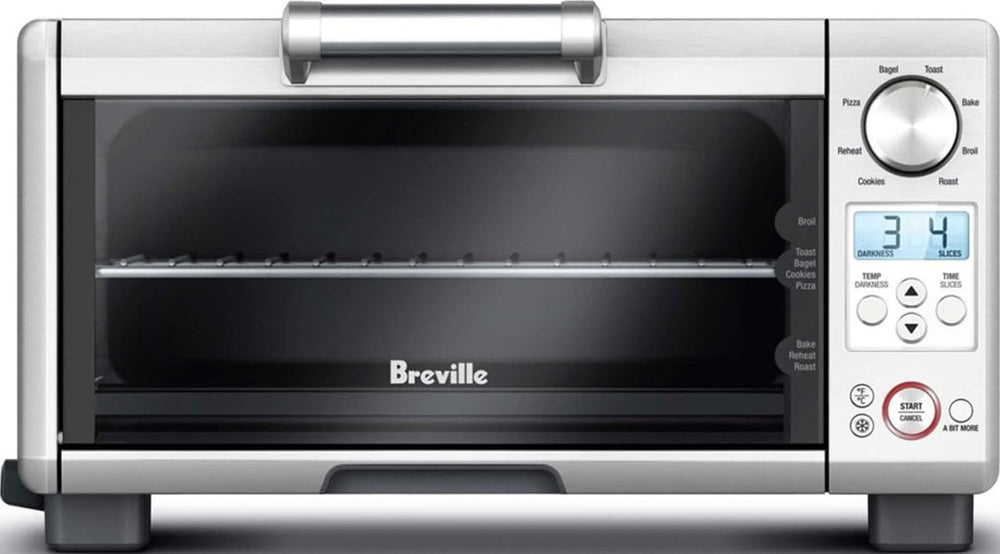 Breville BOV450XL vista frontal en acero inoxidable, diseño compacto beneficioso