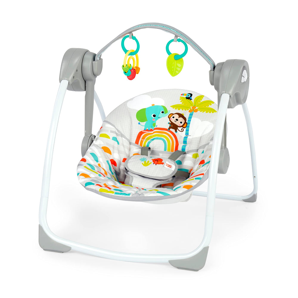 Bright Starts columpio frontal mostrando diseño portátil y colores alegres